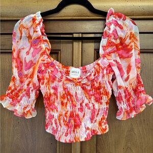 Misa Los Angeles Pink and Orange Square Neckline Smocked Crop Blouse